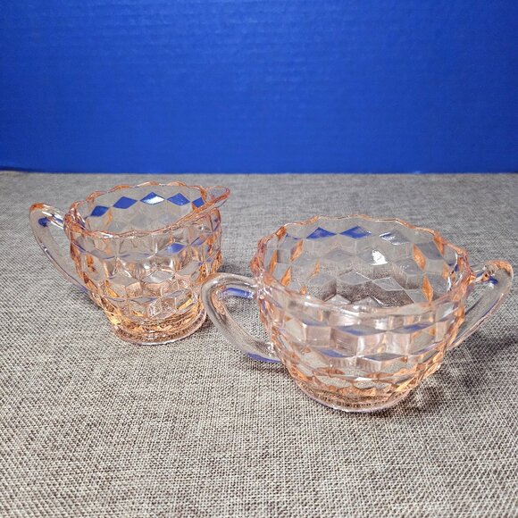Pink Depression Jeanette Glass Diamond Pattern Sugar and Creamer Set - Picture 1 of 12